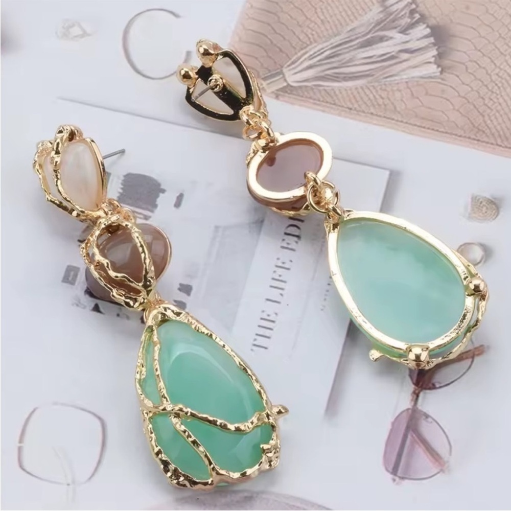 Zara Gold and Green Statement Earrings - Picture 5 of 6